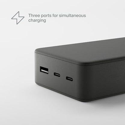 Clemm Portable Charger 30000mAh, Power Bank for iPhone, Samsung, iPad & Laptops, 3 Ports (USB-A + 2× USB-C), Quick Charge & Power Delivery, Up to 6 Phone Charges or 1 Laptop Charge, Graphite