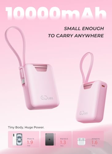 M1 Mini Portable Charger, 10000mAh Ultra-Compact Power Bank, 22.5W PD Fast Charging, Tpye-C Built-in Cable, Small External Battery Pack for iPhone, Samsung, Android iPad (Pink) - color: Pink