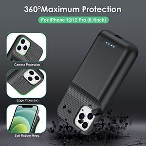 Feob Battery Case for iPhone 12/12 Pro, Upgraded 10800mAh Ultra-Slim Rechargeable Protective Extended Battery Charger Case - Black