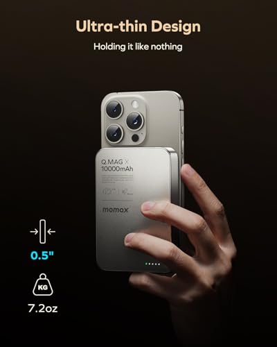 MOMAX Q.MAG Magnetic Power Bank, 0.5" Slim Slim Power Bank Fast Charging, 10000mAh for Magsafe Portable Charger for iPhone Air Battery Pack/17/Pro/Max/16/15/14/13/12 (No Lightning)