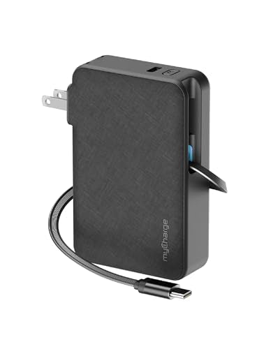 myCharge RetractaCharger 5000mAh Portable Charger Power Bank with 28-Inch Retractable USB-C Cable | Premium Fabric | Built-in Wall Plug | Digital Display