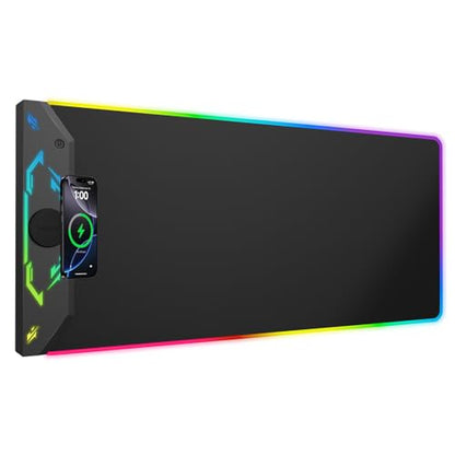 Gaming Mouse Pad RGB, 35"x15.8" Large Keyboard Desk Mat with Magnetic Wireless Charging for iPhone, 24 Light Effects, Non-Slip Base, Waterproof Ultra-Smooth Surface, with Adapter, Black