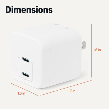 Amazon Basics 35W Fast Charging USB-C Nano GaN Wall Charger, 2-Port for Phones, Tablets, Charge 2 Devices Simultaneously, White - color: White, style: 35 W Two Port