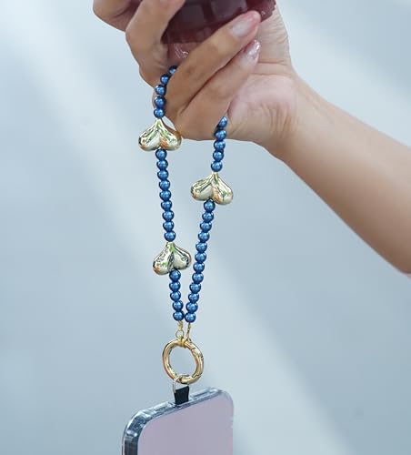Phone Wrist Strap Pearl Beaded Chain Wristlet Gold Heart Charms - color: Blue