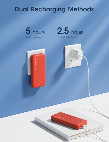 Nusyddy Portable Charger 10000mAh Fast Charging w/Built-in Wall Plug Red - color: Red