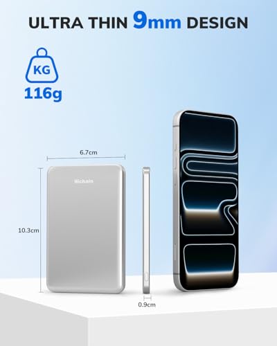 Hichain Magnetic Portable Charger, Wireless Power Bank 5000mAh Magnetic Charger for iPhone 17-12 Series, Magnetic Battery Pack Safe Wireless Charging, with 60W USB-C Charging - Silver - color: Silver