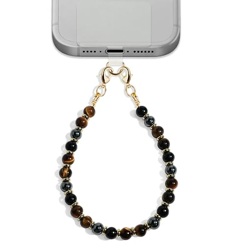 Lostars Gemstone Beaded Phone Wrist Strap for Women, Handmade Design - color: Yellow Tiger Eye