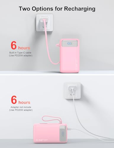 Nusyddy Portable Charger 27000mAh 22.5W w/Built-in Cable & LED Display Pink - color: Pink