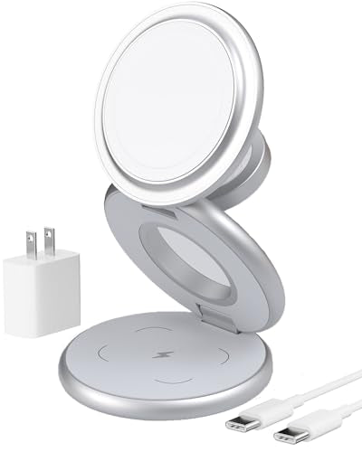 KU XIU X63 3 in 1 Charging Station for Apple, Aluminum Alloy Foldable Magnetic Wireless Charger, Travel Charger for iPhone 16/15/14/13/12 Series, Apple Watch& AirPods(with 20W Adapter)-Silver - color: Silver