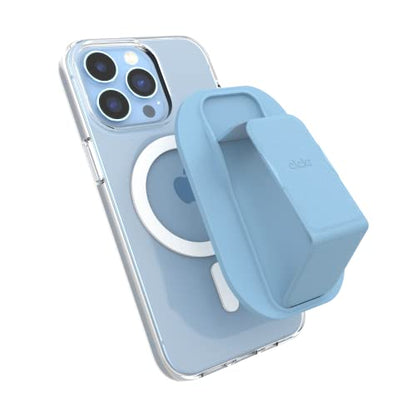 CLCKR Compact Mobile Cell Phone Grip Holder Compatible with MagSafe iPhone 15, 14, 13, Pro, Pro Max, Plus, Magnetic Phone Kickstand with Finger Strap, 3500G Extra Strong Magnet, Light Blue