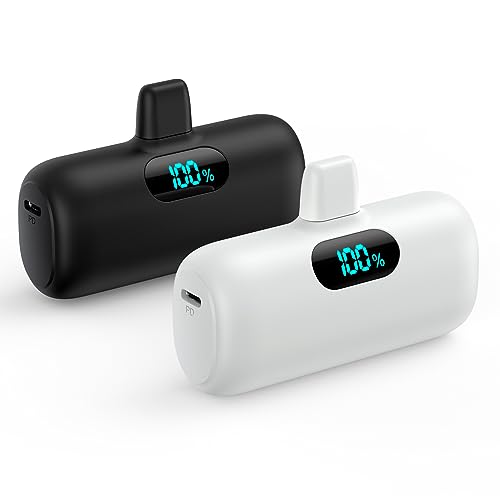 Feob [2 Pack] Mini Portable Charger 5000mAh for iPhone 14,Ultra-Compact 15W PD Fast Charging Power Bank,LCD Display Cute Battery Pack Backup Charger for iPhone 14/14 Pro Max/13/13 Pro/12/XR/8/7/6 etc - color: A-Black+White