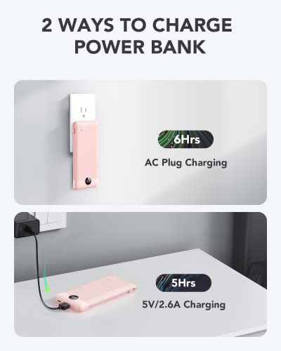 VRURC Portable Charger, Power Bank Built-in Cables and AC Wall Plug - color: Pink