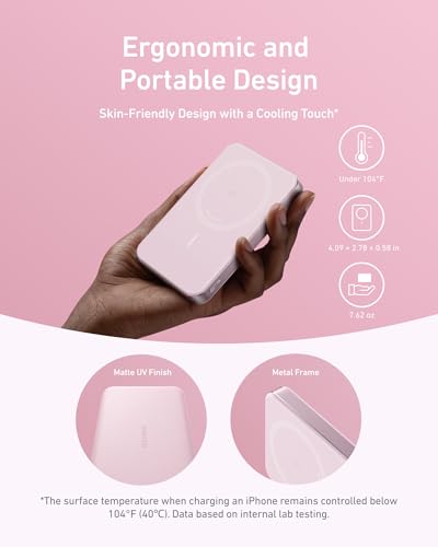 Anker MagGo Power Bank, 10,000mAh Qi2-Certified 15W Portable Charger | Slim and Fast MagSafe-Compatible Battery Pack, Ergonomic Design, for iPhone 16 / 15 / 14 / 13 Series and More - color: Pink