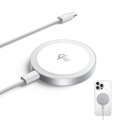 THREEKEY Qi2 Magnetic Charger, Magnetic Charger for iPhone 17/16/15/14/13/12 Series & Galaxy S25 Ultra, Qi2 Wireless Charger Dual-Sided Magnets, 15W Fast Charging Pad with 5FT USB-C Cable (White)