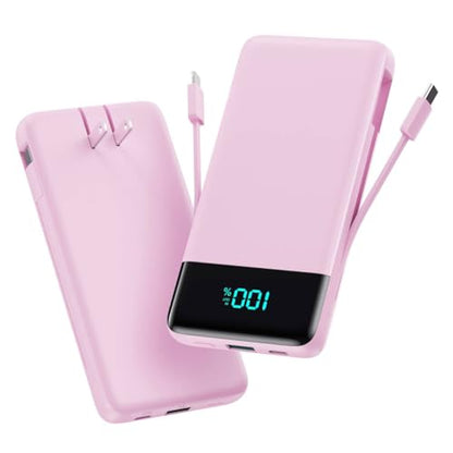Portable Charger for iPhone,13800mAh Slim Power Bank with Built-in Cables & AC Wall Plug,All in One 4 Outputs USB C Fast Charging Battery Pack for iPhone 18/17/16/15,Android,Travel Essential (Pink) - color: Pink