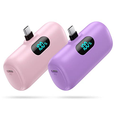 [2-Pack] Mini Portable Charger 5000mAh Power Bank,3A PD USB C Cell Phone Portable Power, LCD Display Battery Pack Compatible with iPhone 17/17 Air/16/16 pro/15/15 pro Max/Android/Samsung/Moto/LG etc - color: Light Purple+Pink