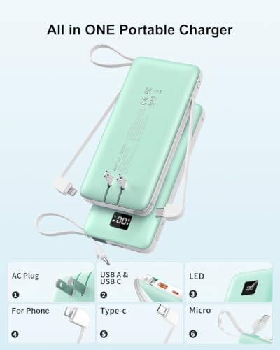 Portable Charger 10000mAh Power Bank w/Built-in 3 Cables & AC Wall Plug - color: Green