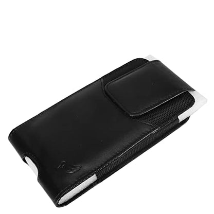 Leather Cell Phone Holster for Cricket Debut, Icon, AT&T Radiant Core, Calypso 2, Moto E6, G7 Play, Alcatel Onyx, REVVLRY REVVL2 - Vertical Case Waist Carrying Pouch with Belt Clip/Loops, Black - size: Small