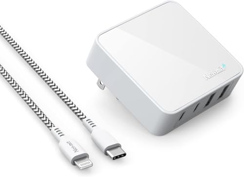 Nekmit USB C Charger, 52W 4-Port Thin Flat Fast Wall Charger with 6.6FT USB-C to Lightning Cable, Two 20W Power Delivery and 2 USB Port for iPhone 13/13 Pro/13 Pro Max, iPad Pro, AirPods Pro - color: White(with cable)