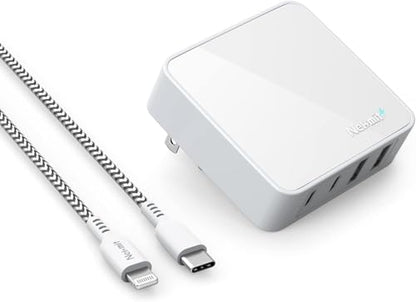 Nekmit USB C Charger, 52W 4-Port Thin Flat Fast Wall Charger with 6.6FT USB-C to Lightning Cable, Two 20W Power Delivery and 2 USB Port for iPhone 13/13 Pro/13 Pro Max, iPad Pro, AirPods Pro - color: White(with cable)