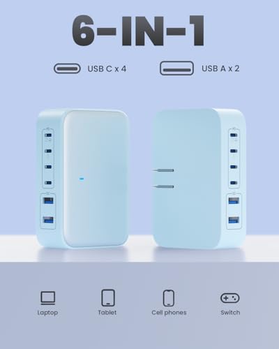 USB C Charger 200W USB Charging Block,6 Ports Foldable Wall Charger Outlet Plug,QC4.0 Fast Charging Station Hub,PD 65W Laptop Adapter for MacBook Pro/Air,Dell,iPhone 17/16/15,Galaxy (Light Blue) - color: Light Blue
