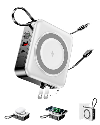 10000mAh for Magsafe Portable Charger Built-in Cables & AC Wall Plug,White | 6-in-1,PD 22.5W USB C Fast Charging,15W Magnetic Wireless Charging,Charge 5 devices at once,LED Display Travel Power Bank - color: White