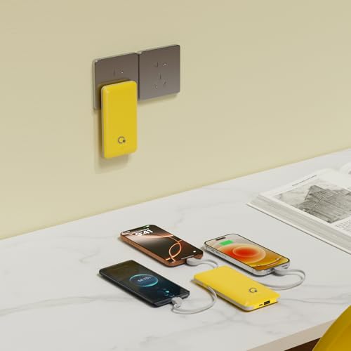 Portable Charger with Built-in Cables and AC Wall Plug, USB C External Battery Pack, 10000mAh Travel Essentials Power Bank Compatible with iPhone17/16/15/14/13, Samsung Galaxy, Pixel,Tablet and More - color: Yellow