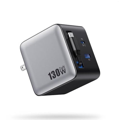 130W USB C Wall Charger,GaN III 3-Port Fast Charging Station,PD QC Foldable Charger Block Portable 65W USB C Laptop Adapter for MacBook Pro/Air,iPad Pro,Galaxy S23,Dell XPS,iPhone 16