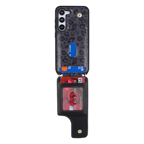 Lipvina for Samsung Galaxy S23 Plus Case with Card Holder and Strap for Women,Crossbody Lanyard,Ring Stand,Snap Clasp,Cute Phone Wallet Cases 6.6 inch(Black Leopard) | Cute Crossbody Lanyard Wallet,4 Card Holder,RFID Blocking,and a 360° Ring Kickstand.Lig