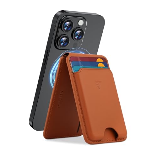 Genuine Leather MagSafe Wallet with Stand | RFID Blocking Magnetic Phone Wallet Card Holder for iPhone 17/16/15/14/12 | Ultra-Slim Minimalist Design | Stronger Magnetic Grip (LIGHT BROWN) - color: LIGHT BROWN