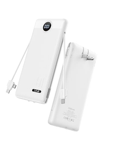 VRURC 10000mAh Portable Phone Charger, Built-in AC Plug & Cables, White - color: White