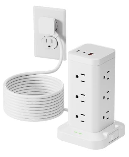 12AC 3USB Power Strip Tower Surge Protector 1800J, 10ft, White, 1 - color: White, size: 10ft