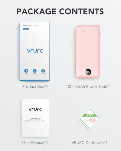 VRURC Portable Charger, Power Bank Built-in Cables and AC Wall Plug - color: Pink