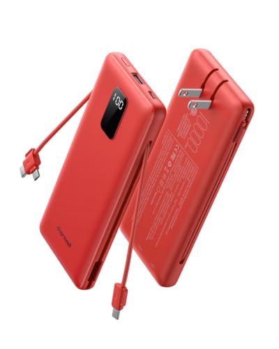 charmast Portable Charger Power Bank 10000mAh with Built-in AC Wall Plug - color: Red