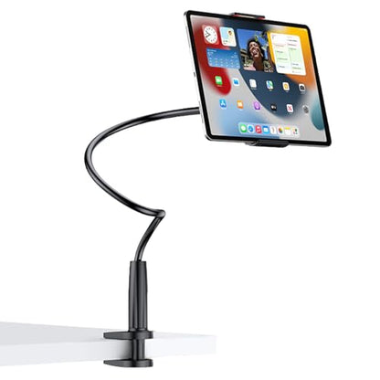 360-Degree Rotating Tablet and Phone Holder Adjustable Long Arm Lazy Bedside Clamp Stand Universal Flexible Mount for Desk and Bed - color: Black