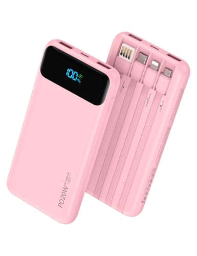 Nusyddy Portable Charger 10000mAh with 4 Built-in Cables & 6 Outputs Pink - color: Pink