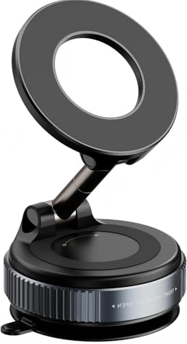 Vacuum Magnetic Car Phone Holder, 2800gf Strong Magnet 360° Rotatable Suction Cup Mount for Dashboard Windshield Rearview Mirror, Universal MagSafe Car Mount for iPhone Android, Black