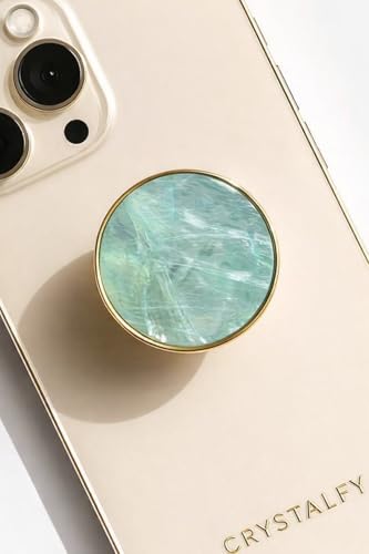 Grips by CRYSTALFY Sea Foam Green Authentic Natural Abalone Seashell Crystal Phone Grip Holder, Expanding Kickstand, Natural Gemstone Swappable Top Accessory for iPhone, iPad, Kindle, Mobile Devices - color: Sea foam Green