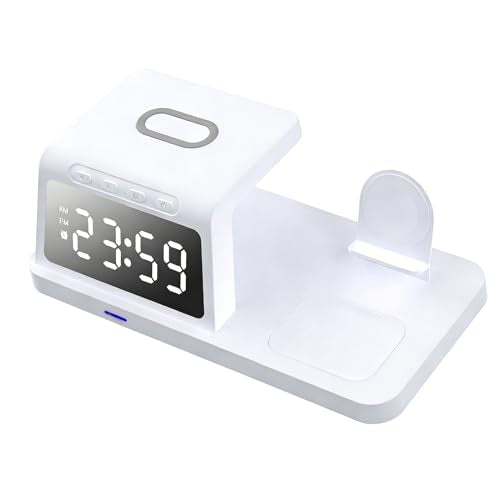 Wireless Charging Station, 3 in 1 Desk Charger with Alarm Clock, Fast Charging for Phone Watch Earphones, Space Saving Ideal for Bedroom Office