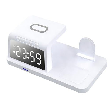 Wireless Charging Station, 3 in 1 Desk Charger with Alarm Clock, Fast Charging for Phone Watch Earphones, Space Saving Ideal for Bedroom Office