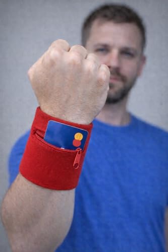 Suddora Zipper Wrist Pouch - Sweatband/Wristband Wallet for Keys, ID, Cards, Cash - color: Red