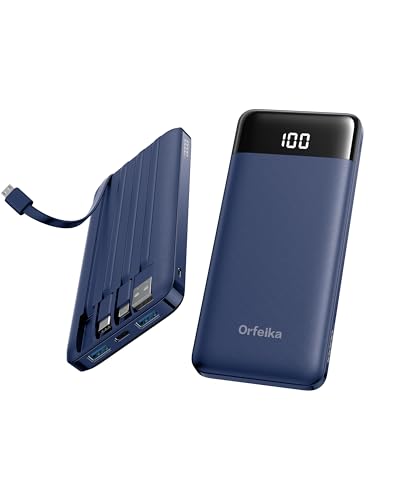 Orfeika Fast Charging Portable Charger Power Bank with Built-in 4 Cables | 10000mAh|Ultra-Slim&Light|Flight-Safe|Power 6 Devices at Once|22.5W|Battery Pack For iPhone,Samsung,Google|Travel Essentials - color: Navy
