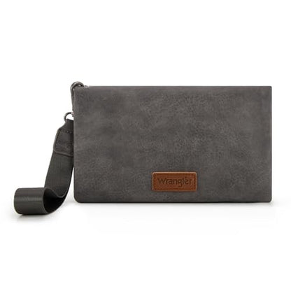 Wrangler Womens Wristlet Wallet RFID Blocking Bifold Clutch Credit Card Holder Purse with Crossbody Strap - color: B-gray