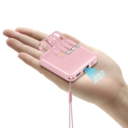 ummz Mini Portable Charger with Built-in 4 Cables，12000mAh Small Power Bank - color: pink