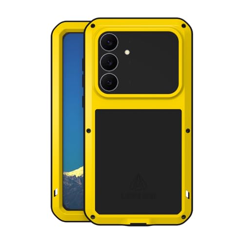 LOVE MEI Military Rugged Case for Samsung Galaxy S25 FE 5G, with Tempered Glass Screen Protector, Shockproof Dustproof Scratch Proof Hybrid Metal and Silicone Gel Heavy Duty Full Body Cover (Yellow) - color: Yellow