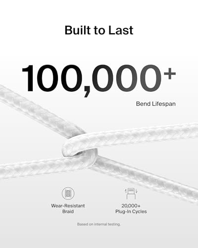 Belkin USB C to USB C 60W Braided Cable 6.6ft iPhone Charger Cord - color: White, style: 6.6 ft