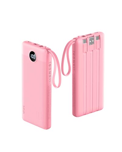 VRURC Portable Phone Charger, Built-in 4 Cables USB C Power Bank 10000mAh - color: Barbie Pink