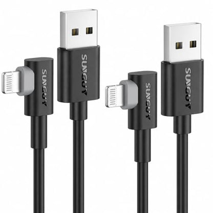 SUNGUY USB A to Lightning Cable Right Angle, 2-Pack 1.5FT 90 Degree iPhone Charger Cord for CarPlay, Gaming, Bedside & Daily Charging, for iPhone 14/13/12/11 Pro Max/XS Max/XR/XS, iPad, iPod - size: 1.5FT