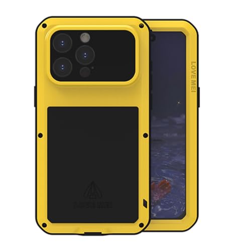 LOVE MEI for iPhone 15 Pro Max Case, Heavy Duty Rugged Full Body Protection Military Armor Bumper Aluminum Metal Dust/Shockproof Case with Tempered Glass (Yellow)
