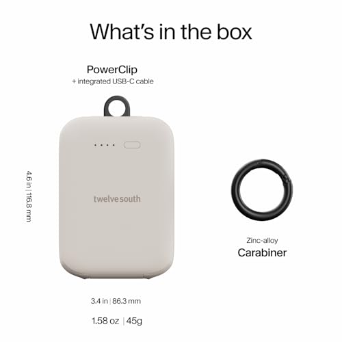 Twelve South PowerClip Mini Charger with Built-in USB-C Cable, 2000mAh - color: Dune